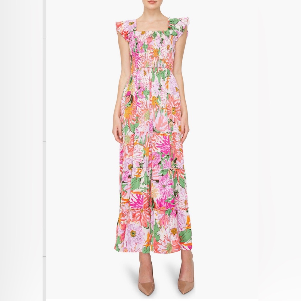 MELLODAY Tropical Floral Midi Dress - Pink & Green